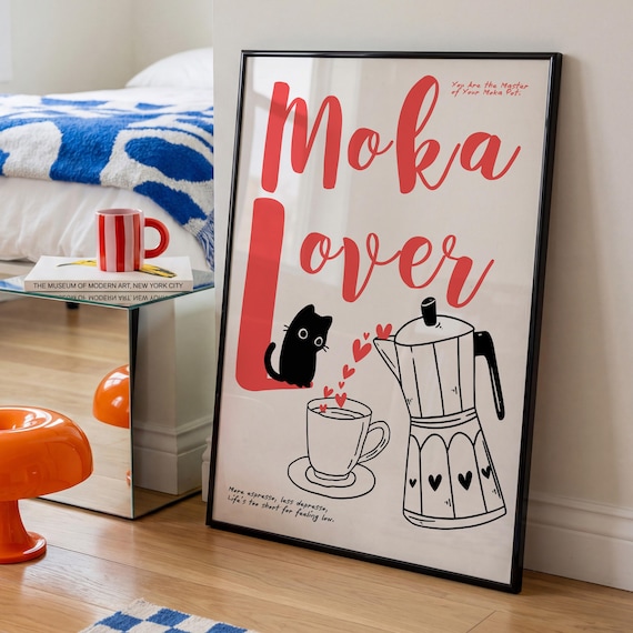 Cat Moka Lover Poster: Elegant Line Art, Kitchen Decor