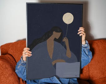 Moon Dreamer Wall Art Print | Celestial Feminine Illustration, Night Sky Poster, Modern Bedroom Decor