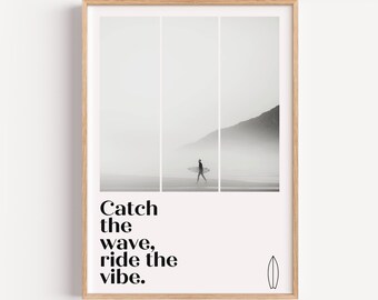 Póster de surfista «Atrapa la ola» / Arte minimalista en blanco y negro
