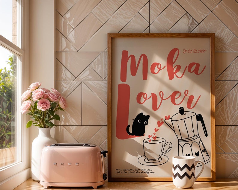 Moka Poster I – "Moka Lover with Cat" with Elegant Line Art of Moka Pot – A Perfect Addition for Coffee Lovers and Kitchen Decor
