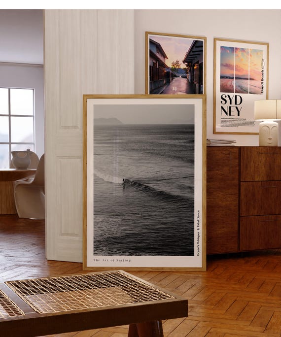 Retro Surfing Poster – Black and White Ocean Wave Print (Digital Download)