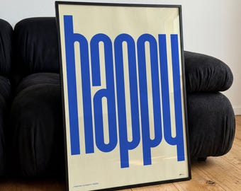 Happy Poster, Blue Typography Wall Art, Dopamine Decor Print, Colorful Happy Wall Art, Modern Retro Poster, Positive Home Decor