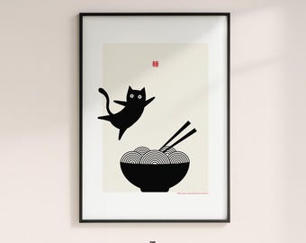 Poster Cat & Noodles Japandi Kitchen – Zen Minimal Food Print with Cat Illustration, Retro Dining Room Decor, Modern Japanese Artwork