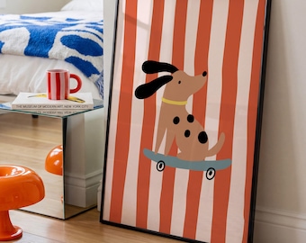 Skateboarding Dog Art Print – Red and White Striped Kids Room Poster