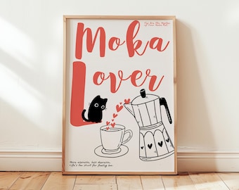 Poster Moka I Moka Lover con gatto con elegante disegno lineare di una caffettiera Moka – Un'aggiunta perfetta per gli amanti del caffè e per l'arredamento della cucina
