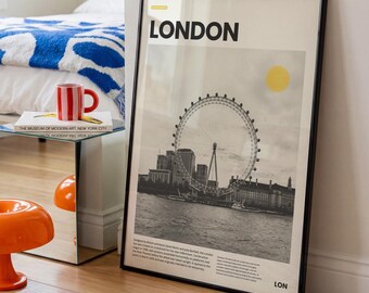 London Poster, London Eye Wall Art, Black and White City Print, Travel Poster, London Photography, Modern City Wall Decor, UK Gift