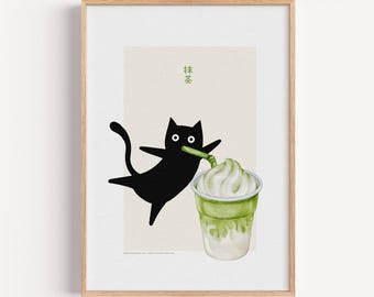 Matcha Cat Poster | Japanese Kitty Illustration, Tea Lover Gift