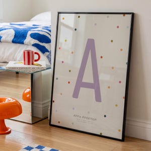 Op de afbeelding: Een ingelijste print met een grote lavendelkleurige letter "A" op een crèmekleurige achtergrond met kleurrijke stippen. De print bevat de naam "Anna Anderson" en andere tekst. De lijst is zwart en de print wordt binnenshuis weergegeven.