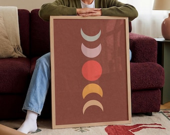 Moon Phases Poster: Boho Terracotta Lunar Cycle Wall Art