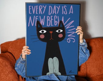Black Cat Art Print | "Every Day Is A New Beginning" Quote, Modern Folk Illustration
