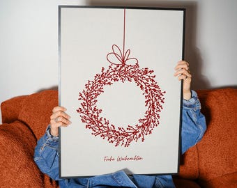 Poster Christmas Wreath – Minimal Christmas Print in Retro Design, Holiday Wall Art Decor