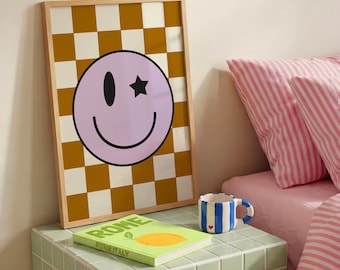 Retro Smiley Face Print – Purple Star Eye Wall Art, Checkered Pattern