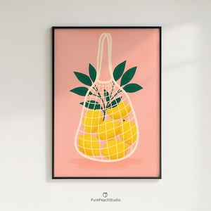 Poster Zitronen im Beutel – Bunte Früchte Illustration auf rosa Hintergrund, Moderne Küchen und Esszimmer Wanddeko, Verspielte Sommer Deko
