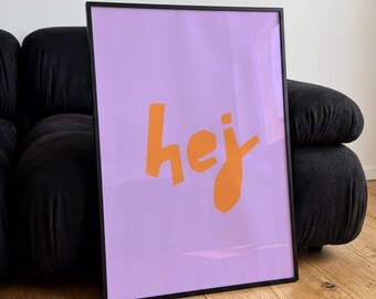 Impresión tipográfica escandinava – Arte mural nórdico Hej / Póster minimalista moderno