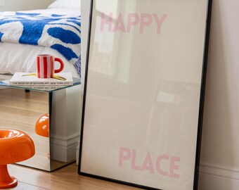 Happy Place Typography Poster, Soft Pink on Beige Scandinavian Wall Art, Minimalist German Quote Print, Modern Typography Decor