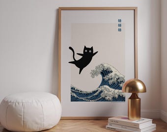 Cat Waves Print – Japanese Illustration, Japandi Wall Art