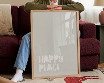 Happy Place Poster Wandbild, Minimalistisches Typografie Poster, Beige Wanddeko, Skandinavische Wohnzimmer Deko, Modernes Wandbild