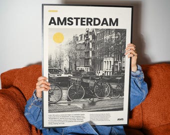 Amsterdam Poster | Vintage City Travel Print | Black White Canal Wall Art | Netherlands Poster | Modern European City Decor