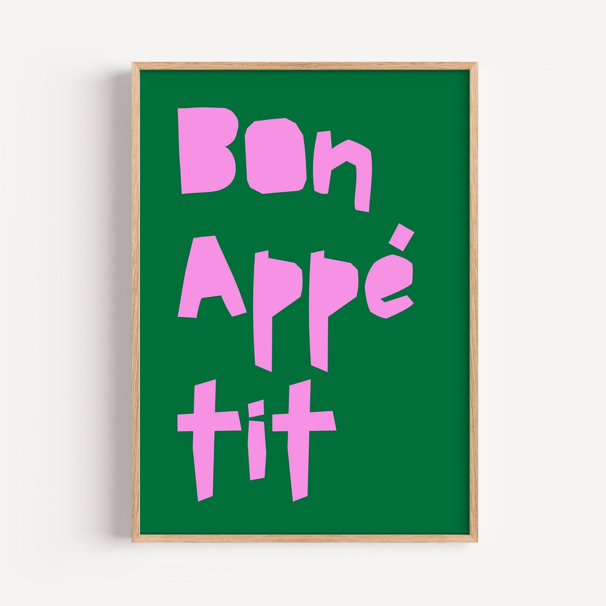 Poster Bon Appétit / Stampa tipografica elegante rosa e verde per aggiungere un tocco caldo al tuo soggiorno / Grazioso poster da cucina / Moderna arte murale