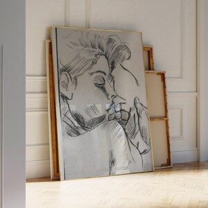 Póster de dibujo a lápiz / Perfil de una mujer en blanco y negro atemporal / Decoración artística delicada, minimalista y estética / Elegancia y encanto