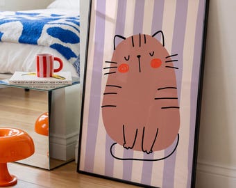 Cute Cat Nursery Wall Art | Scandinavian Cat Print | Minimalist Animal Poster | Modern Kids Room Decor | Pink Kitty Art