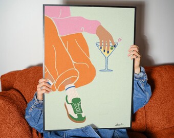 Martini Cocktail Wall Art | Chic Fashion Illustration Poster, Bar Cart Decor