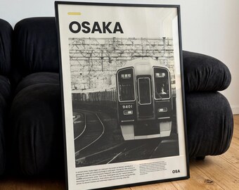 Osaka Japan Train Poster, Minimalist Black White City Wall Art