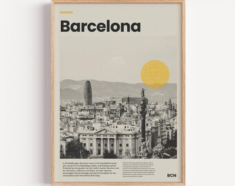 Skyline-poster van Barcelona: minimalistische zwart-witte stadsprint