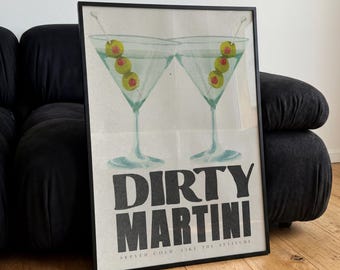 Dirty Martini Cocktail Poster | Vintage Bar Art Print, Retro Kitchen Decor