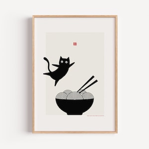 Poster giapponese "Noodles and Cat I" / Arte murale giapponese / Noodles Japandi / Poster giapponese / Arte alimentare / Poster retrò con finitura grana