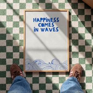 Poster Happiness Comes in Waves – Blaue Ozean Illustration im minimalistischen skandinavischen Stil (Digitaler Download)