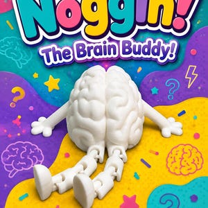 May include: A white articulated brain figure with arms and legs sits against a colorful background featuring the text Noggin! The Brain Buddy! The background includes purple, teal, and yellow shapes with small brain icons, stars, and question marks.