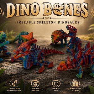 Puede incluir: Una colección de figuras de esqueletos de dinosaurios articulados con la etiqueta DINO BONES POSEABLE SKELETON DINOSAURS. El conjunto incluye varias especies en vibrantes degradados de rojo, azul y verde, con articulaciones móviles.