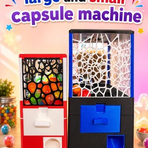 Può includere: Sono esposti due distributori di capsule colorati, uno rosso e bianco, l'altro nero e blu. Le macchine hanno un pannello frontale decorativo e un cassetto per il recupero delle capsule. Il testo "large and small capsule machine" è in alto.