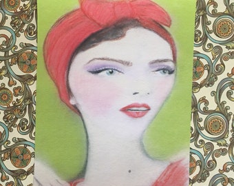 Retro Red Scarf Midcentury Cateye Glam Fashion Girl Portrait Art