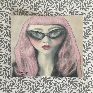 Big Eyed Pop Surreal Cat Eye Pink Hair Shimmer Girl Portrait Art Painting