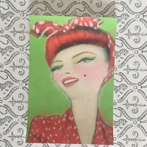 Redhead Fashion Retro Bandana Pinup Red Polka Dot Portrait Art Painting