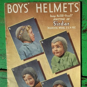 Vintage 40s Knitting Pattern Boys&#39; Hats Helmets 40s original colour pattern Sirdar 1301 UK - retro children&#39;s knits -  WW2 wartime style