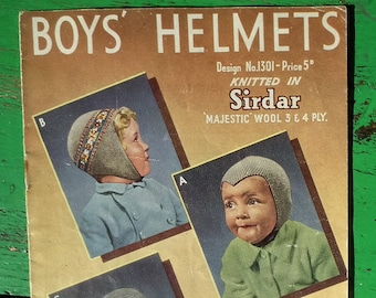 Vintage 40s Knitting Pattern Boys' Hats Helmets 40s original colour pattern Sirdar 1301 UK - retro children's knits -  WW2 wartime style