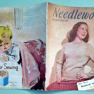 May include: Vintage "Needlework Illustrated" magazine cover. The cover features a woman in a sweater and plaid skirt, and a child in bed with the text "Time for Sewing". Includes a spool of thread.