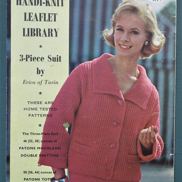 Original vintage 1960s knitting pattern - women's 3-piece suit jacket cardigan sweater top skirt - Italian design