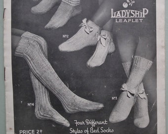 Vintage 1920s Knitting Pattern Womens Bed Socks antique 20s original knitting pattern Ladyship leaflet no. 427 UK
