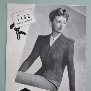 Vintage Knitting Pattern 1930s 1940s Women&#39;s Cardigan Jacket 30s 40s original pattern Copley&#39;s UK 1352 WW2 WWII wartime style 34&quot; bust M