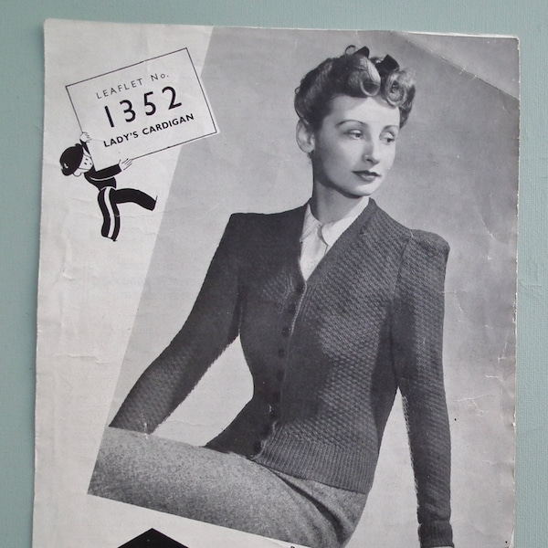 Vintage Knitting Pattern 1930s 1940s Women's Cardigan Jacket 30s 40s original pattern Copley's UK 1352 WW2 WWII wartime style 34" bust M