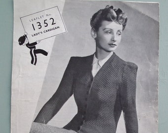 Vintage Knitting Pattern 1930s 1940s Women's Cardigan Jacket 30s 40s original pattern Copley's UK 1352 WW2 WWII wartime style 34" bust M