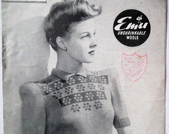 Vintage Knitting Pattern 1930s 1940s Women's Fair Isle Jumper Sweater English Rose Floral Design original pattern Bestway Leaflet No 1461 UK