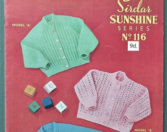 Vintage 1940s 1950s knitting pattern Sirdar Sunshine Series No. 116 baby cardigans  age 6 - 12 months 40s 50s original pattern