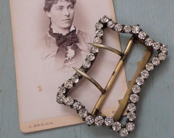 Antique Victorian Edwardian women's belt buckle - clear glass sparkly diamante paste stones prong set - brass tone metal belt pronged design