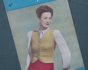 Vintage 1930s 1940s knitting pattern - women's waistcoat sleeveless top - 30s 40s original colour pattern - Penelope M1302 UK - 34" bust