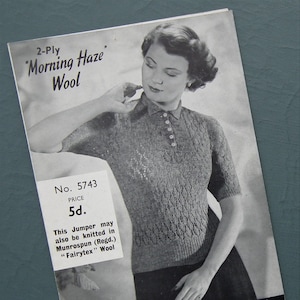 May include: A vintage knitting pattern advertisement featuring a woman wearing a short-sleeved, textured knit top with a collared neckline and button detail. The pattern is for "Morning Haze" wool, with the brand name "Munrospun" prominently displayed.